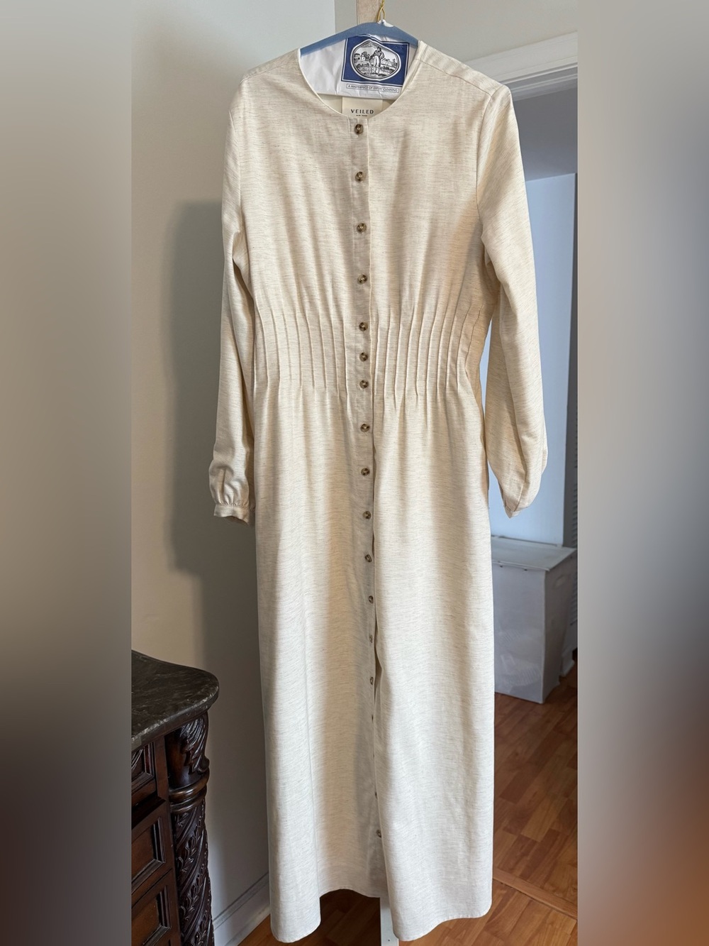 Veiled Lila Linen Button Down Maxi Dress Size Medium in off-white Smocked Waist